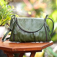 Leather sling, 'Beautiful Country in Olive' - Handcrafted Adjustable Leather Sling in Olive from Java