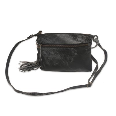 Leather shoulder bag, 'Vintage Tassel in Black' - Black Leather Shoulder Bag with 2 Pockets from Java