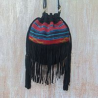 Suede  shoulder bag, 'Idaman Lady in Black' - Black Fringed Suede Shoulder Bag with Cotton Ikat Pattern
