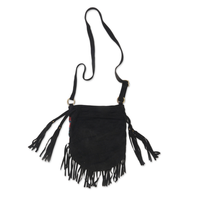 Suede  shoulder bag, 'Idaman Lady in Black' - Black Fringed Suede Shoulder Bag with Cotton Ikat Pattern