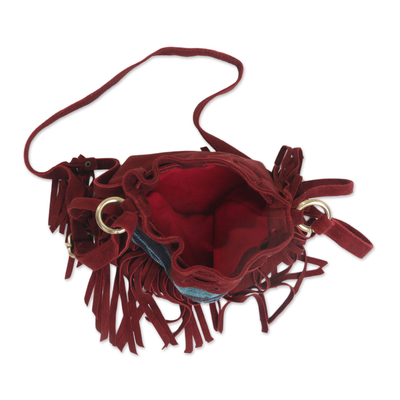 Suede shoulder bag, 'Idaman Lady in Red' - Red Fringed Suede Shoulder Bag with Cotton Ikat Pattern
