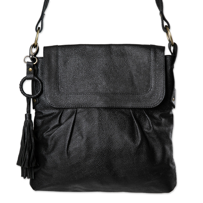 Leather sling, 'Onyx Attraction' - Handcrafted Leather Sling Handbag in Onyx from Java