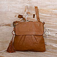 Leather sling, 'Chestnut Attraction' - Handcrafted Pleated Leather Sling in Chestnut from Java
