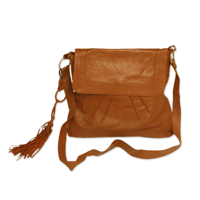 Handcrafted Pleated Leather Sling in Chestnut from Java