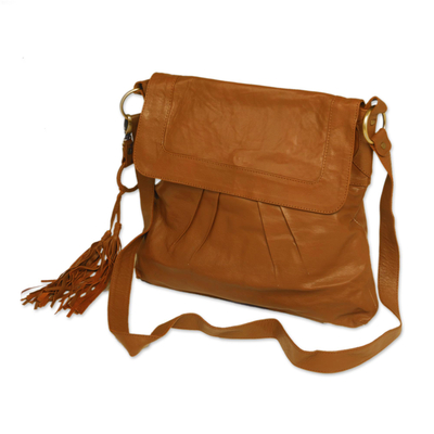 Leather sling, 'Chestnut Attraction' - Handcrafted Pleated Leather Sling in Chestnut from Java