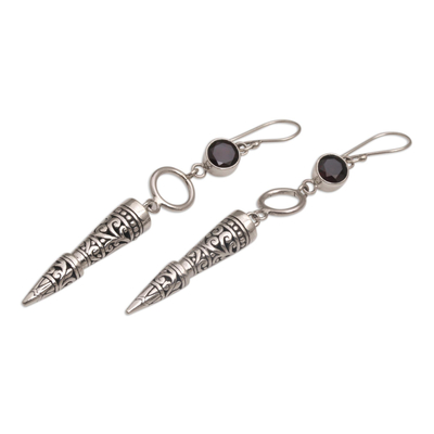 Garnet dangle earrings, 'Kamasan Cones' - Garnet and 925 Silver Cone-Shaped Earrings from Bali