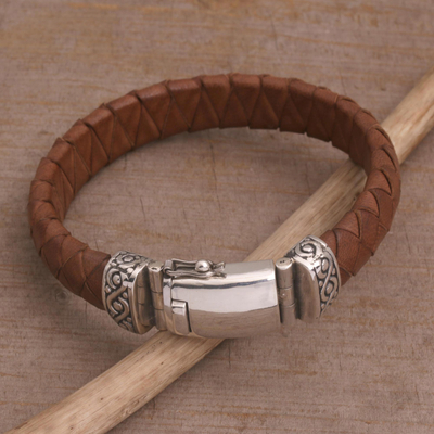 Men's leather braided wristband bracelet, 'Tranquil Weave in Brown' - Men's Leather Braided Wristband Bracelet in Brown from Bali