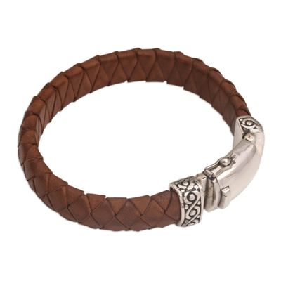 Men's leather braided wristband bracelet, 'Tranquil Weave in Brown' - Men's Leather Braided Wristband Bracelet in Brown from Bali