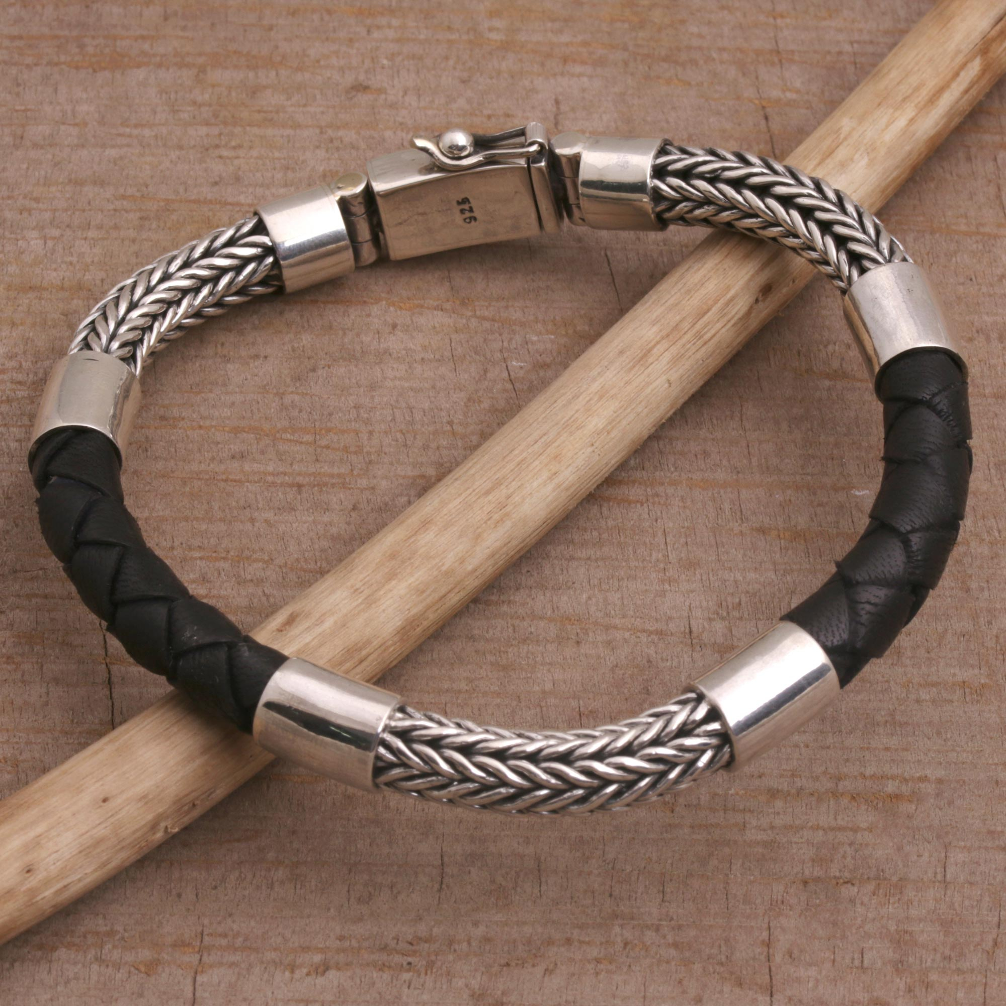 NOVICA .925 Sterling Silver Leather Mens Bracelet 24.5 Impressions in Tan 