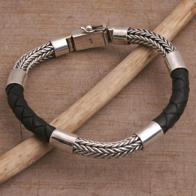 Men's sterling silver and leather bracelet, 'Stay Strong' - Handmade Silver and Leather Men's Bracelet from Bali
