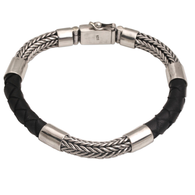 Handmade Silver and Leather Men's Bracelet from Bali - Stay Strong | NOVICA