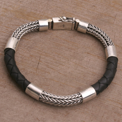 Herrenarmband aus Sterlingsilber und Leder - Handgefertigtes Herrenarmband aus Silber und Leder aus Bali