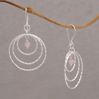 Rose quartz dangle earrings, 'Gleaming Rings' - Sterling Silver and Rose Quartz Dangle Earrings from Bali