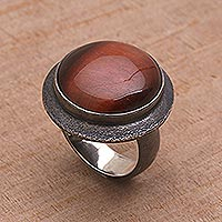 Tiger's eye dome ring, 'Earth's Mystery' - Oxidized Tiger's Eye and Sterling Silver Dome Ring from Bali