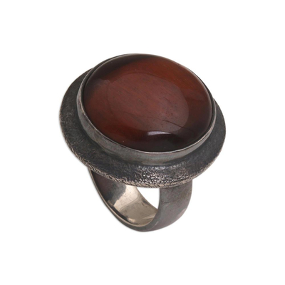Tiger's eye dome ring, 'Earth's Mystery' - Oxidized Tiger's Eye and Sterling Silver Dome Ring from Bali
