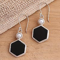 Onyx and cultured pearl dangle earrings, 'Light and Dark Hexagons' - Onyx and Cultured Pearl Hexagonal Dangle Earrings from Bali