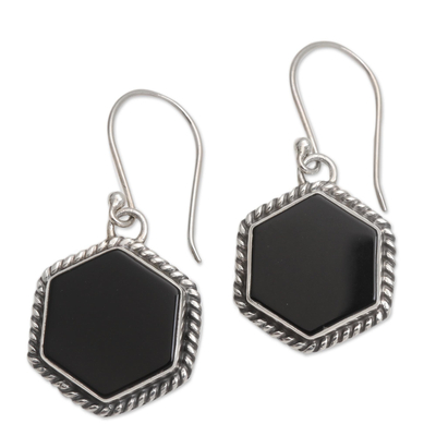 Onyx dangle earrings, 'Midnight Hexagons' - Onyx and Sterling Silver Hexagonal Dangle Earrings from Bali