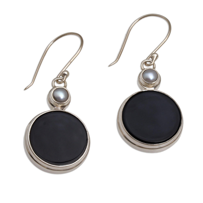 Onyx and cultured pearl dangle earrings, 'Light and Dark Circles' - Onyx and Cultured Pearl Circular Dangle Earrings form Bali