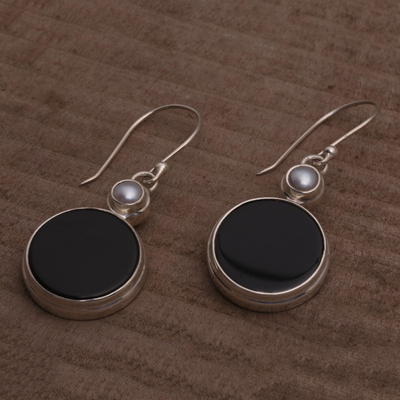 Onyx and cultured pearl dangle earrings, 'Light and Dark Circles' - Onyx and Cultured Pearl Circular Dangle Earrings form Bali