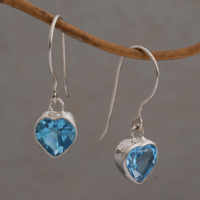 Blue topaz dangle earrings, 'Color of Love' - Blue Topaz Heart-Shaped Dangle Earrings from Bali