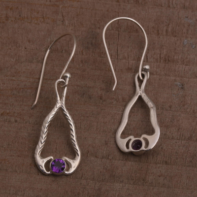 Amethyst dangle earrings, 'Serpentine Talismans' - Amethyst and Sterling Silver Snake Dangle Earrings from Bali