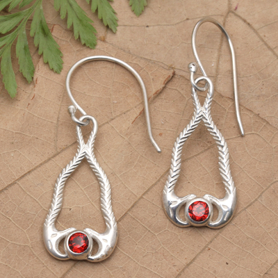 Garnet dangle earrings, 'Serpentine Talismans' - Garnet and Sterling Silver Snake Dangle Earrings from Bali