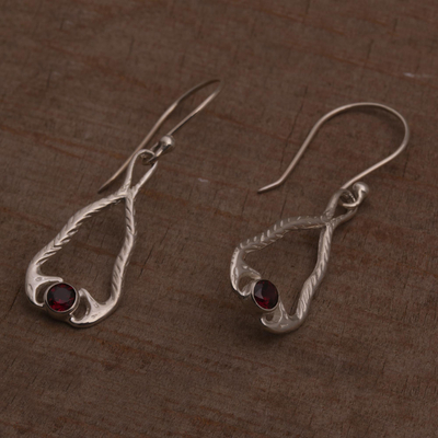 Garnet dangle earrings, 'Serpentine Talismans' - Garnet and Sterling Silver Snake Dangle Earrings from Bali