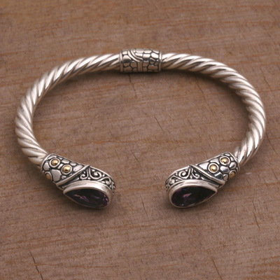 Gold accent amethyst cuff bracelet, 'Teardrop Pebbles' - Gold Accent Teardrop Amethyst Cuff Bracelet from Bali