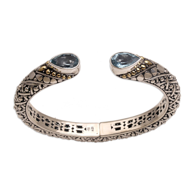 Gold accent blue topaz cuff bracelet, 'Altar Teardrops' - 18k Gold Accent Blue Topaz Cuff Bracelet from Bali