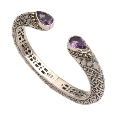 Gold accent amethyst cuff bracelet, 'Altar Teardrops' - 18k Gold Accent Amethyst Cuff Bracelet from Bali