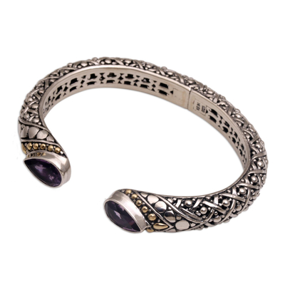 Gold accent amethyst cuff bracelet, 'Altar Teardrops' - 18k Gold Accent Amethyst Cuff Bracelet from Bali