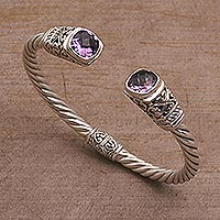 Amethyst cuff bracelet, 'Altar Swirl' - Amethyst and 925 Silver Rope Design Cuff Bracelet from Bali
