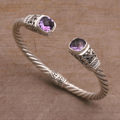 Amethyst cuff bracelet, 'Altar Swirl' - Amethyst and 925 Silver Rope Design Cuff Bracelet from Bali