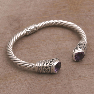 Amethyst-Manschettenarmband - Manschettenarmband mit Seildesign aus Amethyst und 925er Silber aus Bali