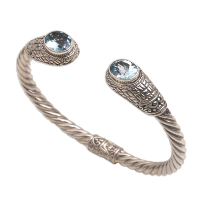 Blue topaz cuff bracelet, 'Temple Baskets' - Blue Topaz Woven Motif Cuff Bracelet from Bali