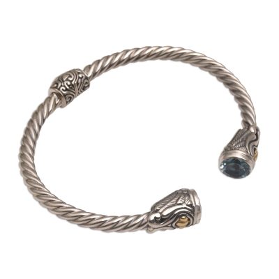 Gold accent blue topaz cuff bracelet, 'Temple Wings' - Gold Accent Blue Topaz and 925 Silver Bracelet form Bali