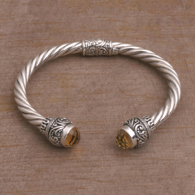 Citrine cuff bracelet, 'Capture the Light' - Faceted Citrine and Sterling Silver Cuff Bracelet form Bali