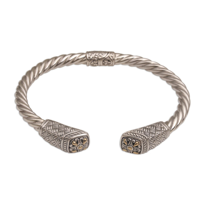 Gold accented sterling silver cuff bracelet, 'Janur Temple' - Gold Accented Woven Motif 925 Silver Cuff Bracelet from Bali