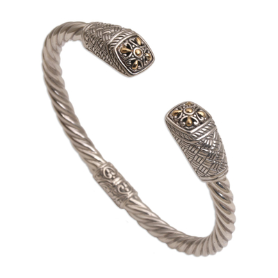 Gold accented sterling silver cuff bracelet, 'Janur Temple' - Gold Accented Woven Motif 925 Silver Cuff Bracelet from Bali
