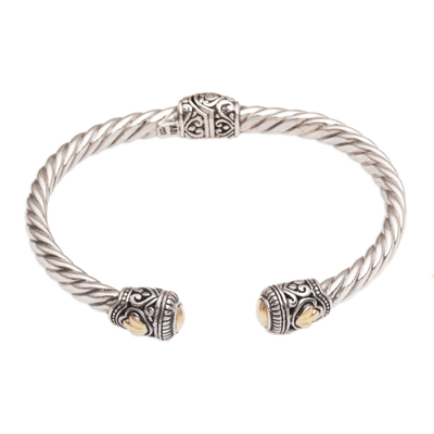 Gold accent sterling silver cuff bracelet, 'Shrine Leaves' - Gold Accent Rope Design Sterling Silver Bracelet from Bali