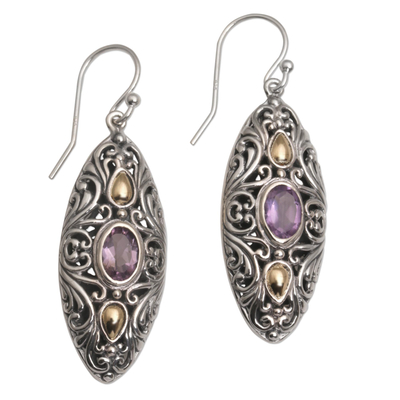 Gold accent amethyst dangle earrings, 'Shields of Vines' - 18k Gold Accent Amethyst Dangle Earrings from Bali
