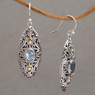 Gold accent blue topaz dangle earrings, 'Shields of Vines' - 18k Gold Accent Blue Topaz Dangle Earrings form Bali