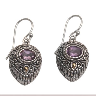 Gold accent amethyst dangle earrings, 'Swirling Crests' - Gold Accent Amethyst and 925 Silver Earrings from Bali