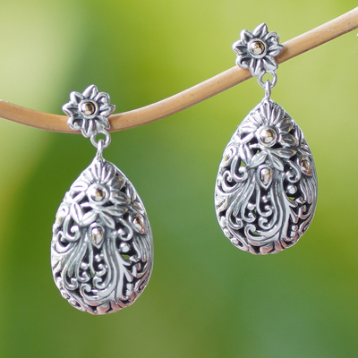Gold accent sterling silver dangle earrings, 'Flower Berries' - 18k Gold Accent Silver Floral Dangle Earrings from Bali