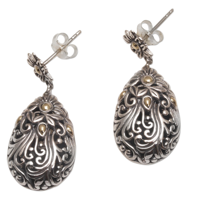 Gold accent sterling silver dangle earrings, 'Flower Berries' - 18k Gold Accent Silver Floral Dangle Earrings from Bali