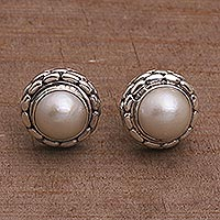 Cultured pearl button earrings, 'Temple Domes'