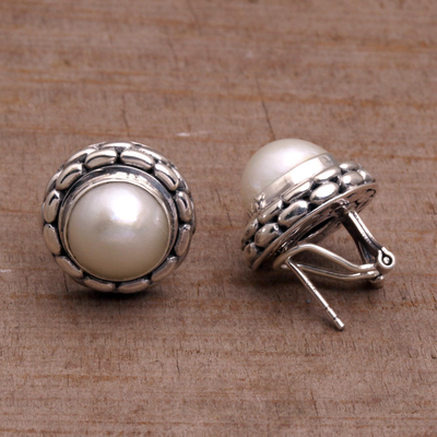Cultured pearl button earrings, 'Temple Domes' - Cultured Pearl and Sterling Silver Button Earrings from Bali