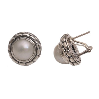 Cultured pearl button earrings, 'Temple Domes' - Cultured Pearl and Sterling Silver Button Earrings from Bali