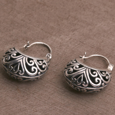 Sterling silver hoop earrings, 'Stupa Vines' - Sterling Silver Swirling Hoop Earrings from Bali