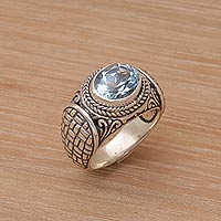 Blue topaz single stone ring, 'Woven Vine' - Blue Topaz Weave Motif Single Stone Ring from Bali